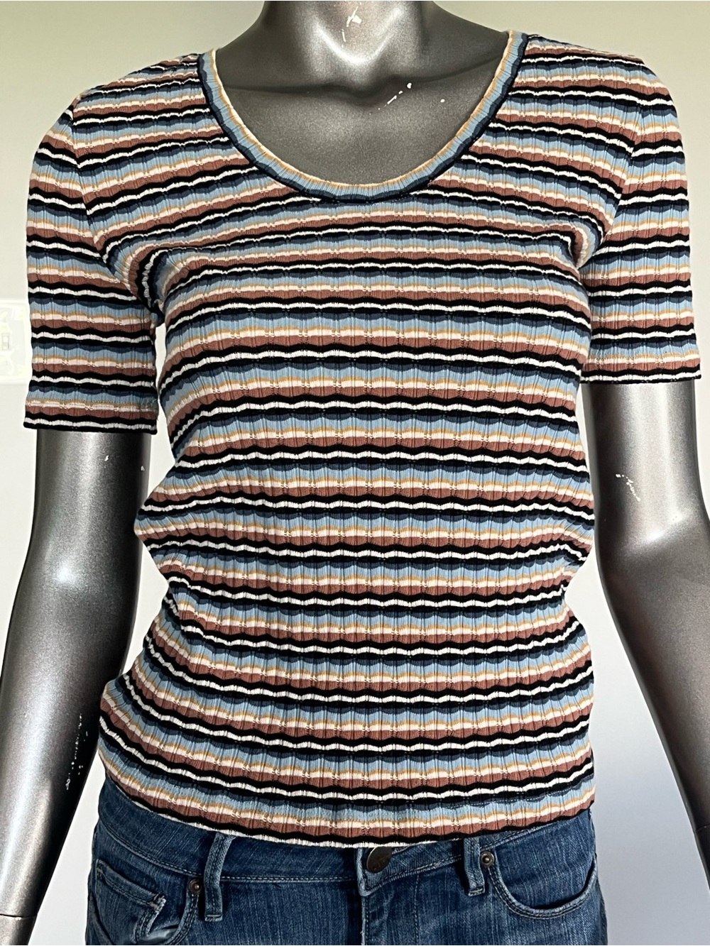 LOFT Striped Short-Sleeve Ribbed Tee in Blue, Black & Tan